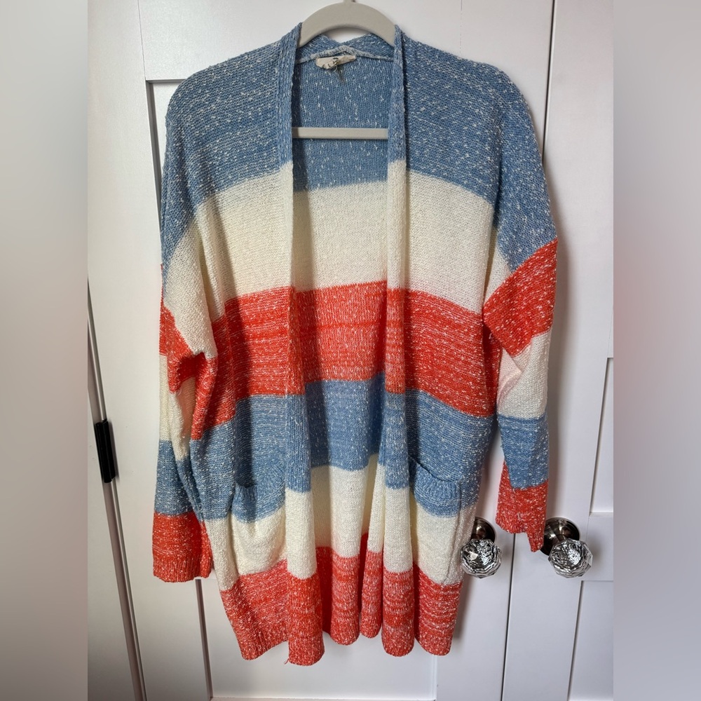 Entro Striped Colorblock Open-Front Cardigan Sweater size L